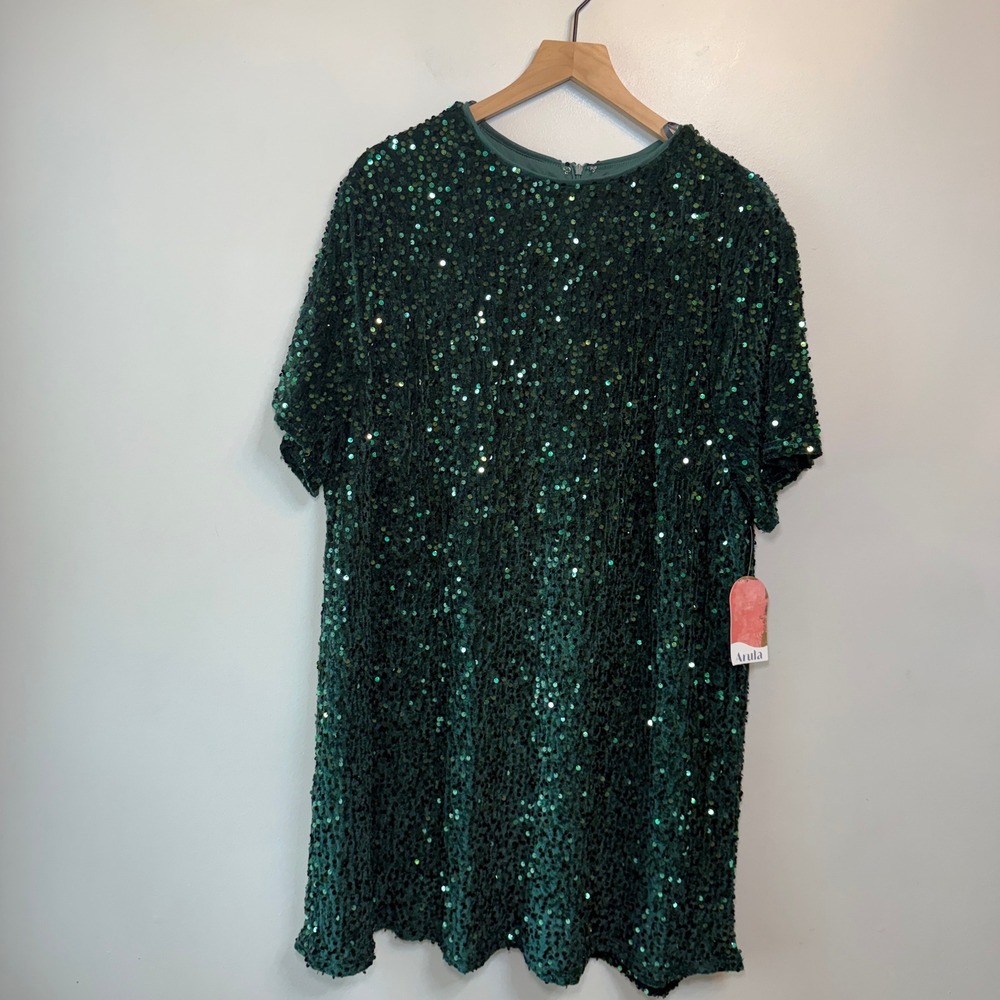 Arula Green Sequin Shift Dress Women's C 3X 22-24 Short Sleeve Mini Party NWT